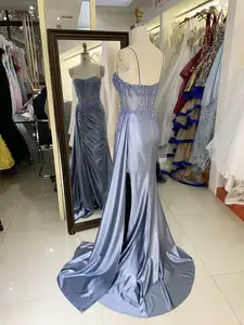 2025 Wholesale Corset Dusty Blue Sleeveless Embroidery Hand Pleated Shiny Satin Overskirt Mermaid Prom Evening Dresses