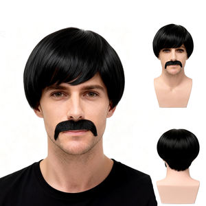 Perruque courte marron style rétro pour hommes avec moustache ensemble 70s fête Cosplay Costume postiche pour Halloween quotidien habiller - Product Image 1