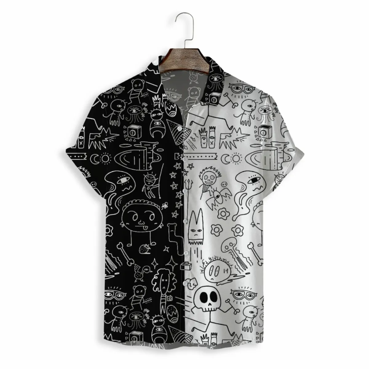 Free Sample All Over Print Button Up Shirt Cartoon Graffiti Shirt Breathable Summer Shirts Men