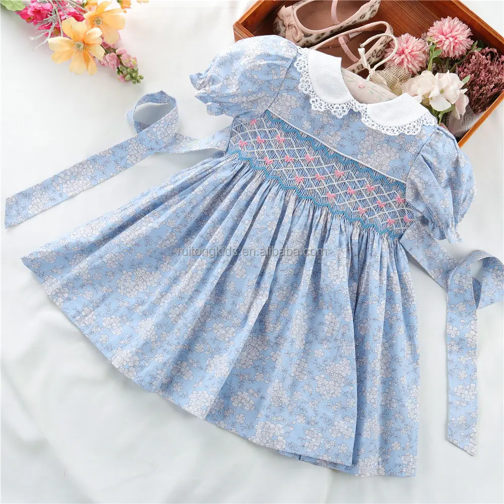 Летние платья для маленьких девочек с цветочным принтом, одежда для малышей, хлопковая вышивка ручной работы, оптовая продажа, детская одежда, бутики c221678