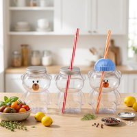 Bouteille en plastique PET transparente de 300 ml (10 oz) en forme d'ours mignon avec couvercle à vis, pour thé au lait, jus, bonbons, snacks, avec trou pour paille