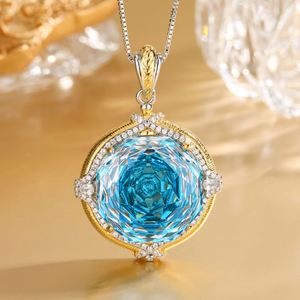 Fashion Eco-friendly Copper Gold Plated 18-10MM Sea Blue Cubic Zirconia Classic Floral Pendant <b>Earrings</b> Jewelry <b>Set</b> Wedding - Product Image 4