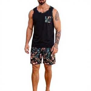 Men's Black Striped Silk Screen Printed Tank Top Set Polyester/Cotton Knitted Fabric Quick Dry Breathable Summer Wear Crew Neck - Product Image 3
