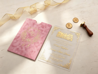 Ensemble d'invitations de mariage en acrylique de luxe, rose blush, avec pochette en velours, motif personnalisé en feuille d'or, nœud, monogramme, armoirie et croquis de lieu