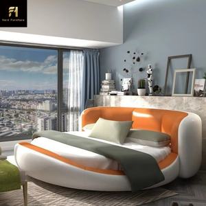 עיצוב ריהוט חמוד עץ כותרת יוקרה בצורת המלך גודל עגולה מיטת עור שחורה - Product Image 2