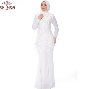 הכי חדש אופנתי מוסלמי נשים בגדים פרימיום לבן פרחוני תחרה Baju Kurung מסורתית Baju Kurong