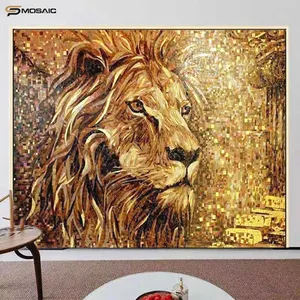 Desenho de arte de parede em mosaico com padrões de ouro rei leão, mural de mosaico personalizado de alta qualidade para decoração de interiores de casas e salas de estar