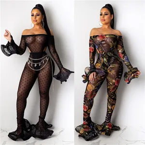 C92009 Women winter clothing Christmas 2020 sexy see through full length flared pants off shoulder women two piece set club