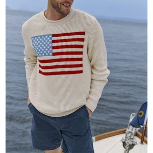 Suéter de Punto con Cuello Redondo, Diseño Intarsia, Algodón, Estilo Pescador, Bandera Americana, para Hombre, Premium, OEM - Product Image 6