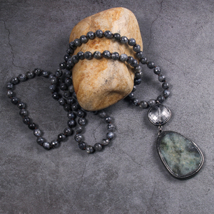 时尚波西米亚女式饰品8毫米天然石结项链电镀枪黑色圆形玻璃块石头吊坠项链 - Product Image 5