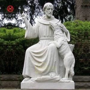 Sculpture religieuse catholique en marbre blanc, Saint François avec un loup - Product Image 2