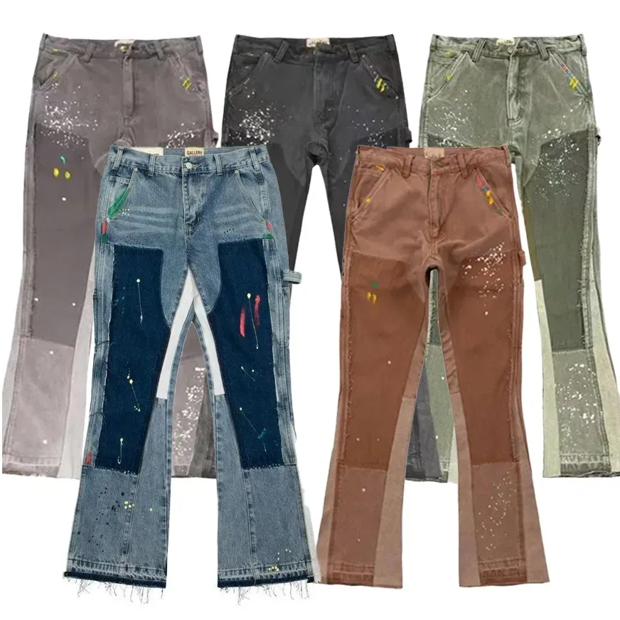 Pantalones vaqueros acampanados Vintage personalizados de alta calidad para hombre, pantalones ajustados apilados con pintura de salpicaduras, pantalones de carpintero de doble rodilla, estilo Hip Hop