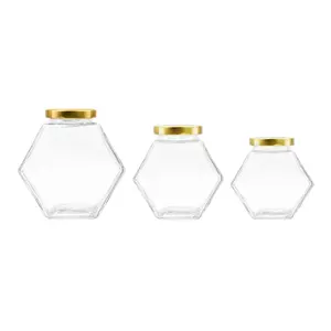 Hot sale empty 180ml 300ml 380ml hexagon shape custom glass jar for food honey with tinplate lids