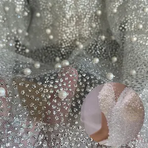 2024 handmade Glitter lace supplier bling mesh glitter fabric with pearl beaded for wedding dress gown veil