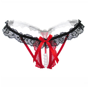 Ding Zhi Mei Sexy Lace Triangle <b>Thong</b> Panties Women's Pearl Massage Open Crotch <b>Seamless</b> Intimates White Black Red Pink Blue - Product Image 2
