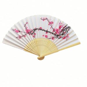 Japanese White Satin Floral Hand Fan Carved Bamboo <b>Frame</b> Folk Art Souvenir Wedding Painted Music Cartoon Business Promotional - Product Image 1