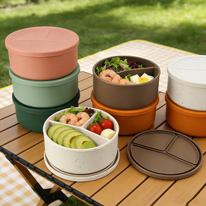 Round Silicone <b>Lunch</b> <b>Box</b> Three <b>Compartments</b> With Lid Insulated Food Grade Bento <b>Box</b> For Adults And Kids - Product Image 2