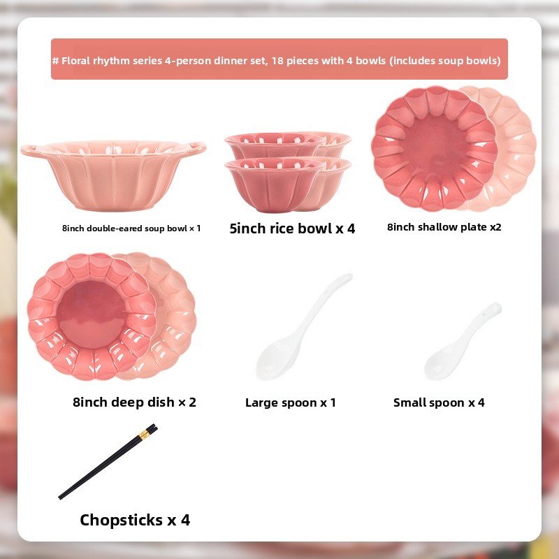 4-person pink set with red floral gift box