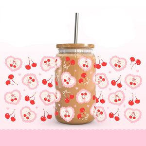 Coquette de cerezas a cuadros azules, lata de vidrio de 16oz con diseño Retro de verano, resistente al agua, UV, DTF, Gingham, Daisy, envoltura, lazo rojo, taza de cereza - Product Image 2