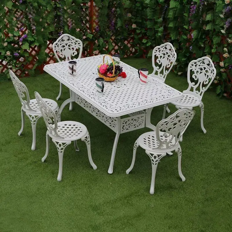 Werkseitig gelieferte wasserdichte Gartenmöbel Aluminium guss Terrasse Bistro Patio Garden Ess-Set mit Grill tisch und 6 Stühlen