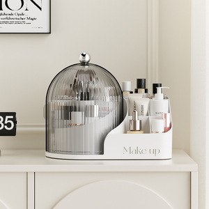 Rotating <b>Makeup</b> Brush Storage <b>Box</b> With Lid Compartmentalized Cosmetic Organizer For Desktop Use Plastic Lightweight Design - Product Image 3