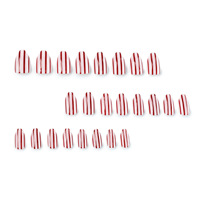 Ongles press-on courts en amande, rayés rouge et blanc, style color-block, simples, très demandés à l'international, en stock, commande en gros, logo personnalisé