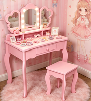 Ensemble de coiffeuse pour enfants en bois rose avec tabouret, miroir à lumière LED, 1 tiroir et étagères pour filles