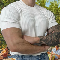 T-shirt côtelé à col rond pour homme, coupe ajustée, respirant, manches courtes, décontracté, extensible, été, haut de gamme, personnalisable avec logo