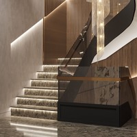 Escalier droit en marbre noir avec rampe en verre et éclairage LED, style moderne de luxe pour intérieur de villa, finition en poudre noire.