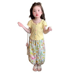 TongXingYuan Girls Summer Two Piece Set Yellow Top Floral Pants Cotton Baby Clothing Set - Product Image 5