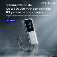 Batería Externa Miccell 20000 mAh Semi-sólida, 100W, Cable de Carga Rápida y Pantalla Digital TFT para Móvil y Portátil