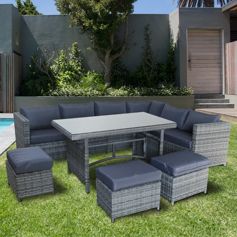 outdoor cane garden furniture with 3 single small seat stools Toughened glass table rattan sofa sets