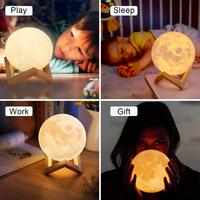 Decoración de ambiente romántico USB recargable Control táctil regulable blanco cálido RGB 3D Luna LED lámpara de luz de noche para regalo en el hogar