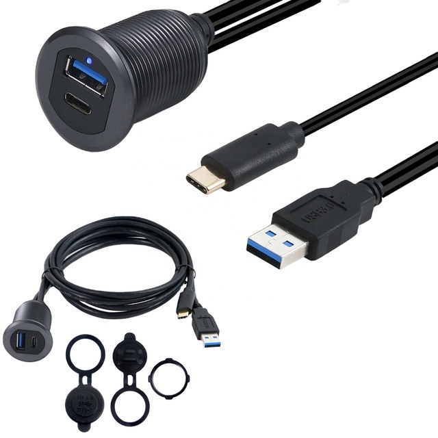 USB 3.0 Type C Flush Mount Extension Cable for Car Dashboard Panel Mount LED Light Pure Copper Braid Shielding for Computer Use