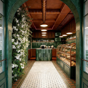 ETRO ororest tytyle Boutique akakery con Lass rched Lass iisplay, ooooden Hanging ababinets, halhalkboard enenu & offee tation - Product Image 4