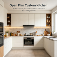 Meubles de cuisine modulaires en bois sur mesure, fabrication OEM, portes à panneaux plats, rangement multi-tiroirs pour cuisine résidentielle