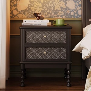 Vintage Black Solid Wood Nightstand With Two Drawers Bedroom Storage <b>Cabinet</b> Assembled Ready To Use - Product Image 3