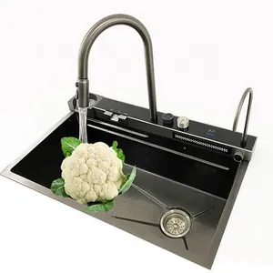 Lavello da cucina fatto a mano Nano intelligente moderno di lusso in acciaio inossidabile con rubinetto a cascata multifunzione