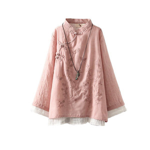 Retro Embroidered Chinese Knot Button Linen Cotton Shirt Women Loose Round Neck Top Traditional Chinese Style Tea Dress - Product Image 5