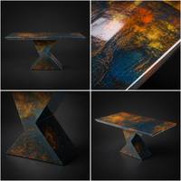 Table à manger en résine à texture peinture à l'huile, motif abstrait, plateau en marbre, avec base en Z unique pour maison créative, personnalisable