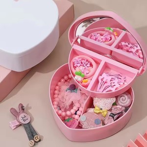 Girls Pink White Cosmetic Organizer Heart-Shaped Jewelry Storage Box Mirror Plastic Bracelets Hair Band Display <b>Desk</b> Drawer - Product Image 3