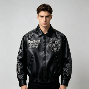 Giacca Varsity Personalizzata in Vera Pelle Vintage per Uomo, Giacca da <span class=keywords><strong>College</strong></span> con Ricamo in Ciniglia, Giacca in Pelle PU con Zip - Product Image 4