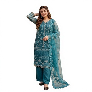 Ensemble Kurta en coton brodé TEAL avec pantalon Palazzo, coupe ample traditionnelle, longueur cheville, tenue ethnique style Inde Pakistan - Product Image 1