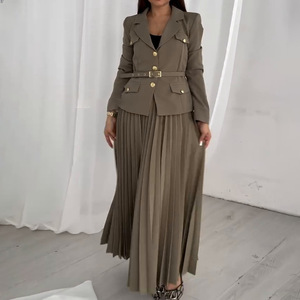 ファッションセット女性長袖新作無地ラペルブレザープレスプリーツスカート2ピースセット - Product Image 4