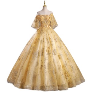 Gold Off-Shoulder Ball Gown Empire Waist Floral Print Embroidered Organza For Students Art Exams Performances Hosting Events - Product Image 5