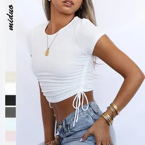 2023 Summer Fashion Sexy Women's Tank Tops Crop Top with Drawstring Tie and Round Neck Short Sleeve T-Shirt Women Crop Tops