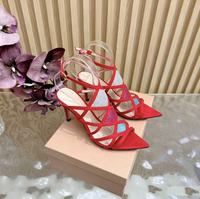 Sandales pour femmes en cuir véritable à talon aiguille, bout pointu, avec boucle de créateur, strass et lanières croisées à la cheville, semelle extérieure en caoutchouc