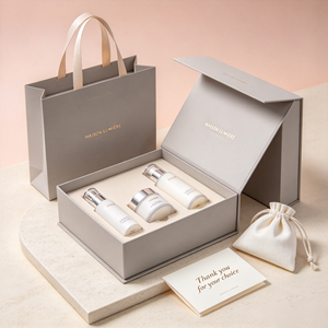 Coffret cadeau rigide personnalisé pour sérum cosmétique avec logo estampé or, insert en mousse EVA sur mesure et sac shopping en papier assorti - Product Image 2