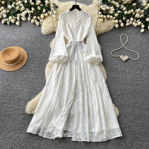 Robe longue à manches longues Printemps 2026 avec cordon de serrage à la taille, style français - Product Image 3