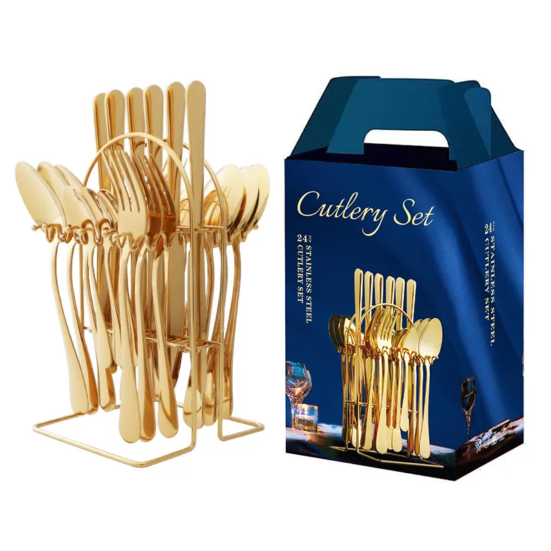 1010 cutlery set 24pcs stainless steel knife spoon fork cutlery holder set gold wedding cutery set